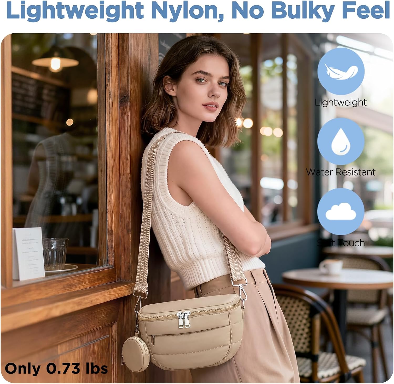 Crossbody Bag for Women, Lightweight Puffer Bum Bag with RFID Blocking Pocket & Removable Coin Pouch, Hands-Free Travel Shoulder Bag for Everyday Khaki thumbnail