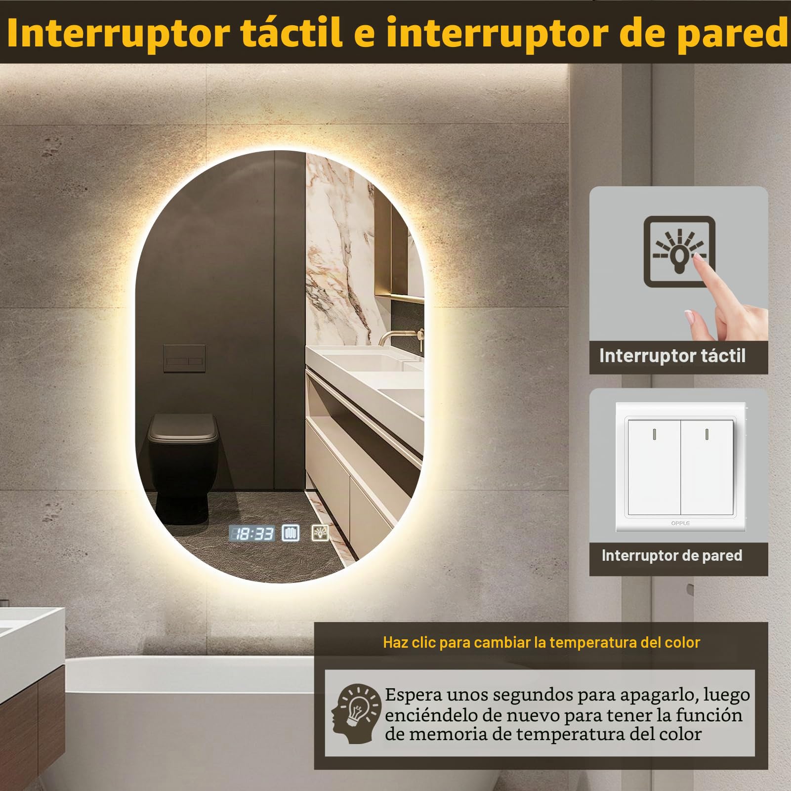 Sararoom Espejo Baño con Luz 75×50cm, Luces de Baño Espejos de pared con Reloj, Función Antivaho, 3000K/4000K/6500K, Regulable, Memoria, Cristal Templado HD, IP44 Espejos de Tocador LED Retroiluminado
