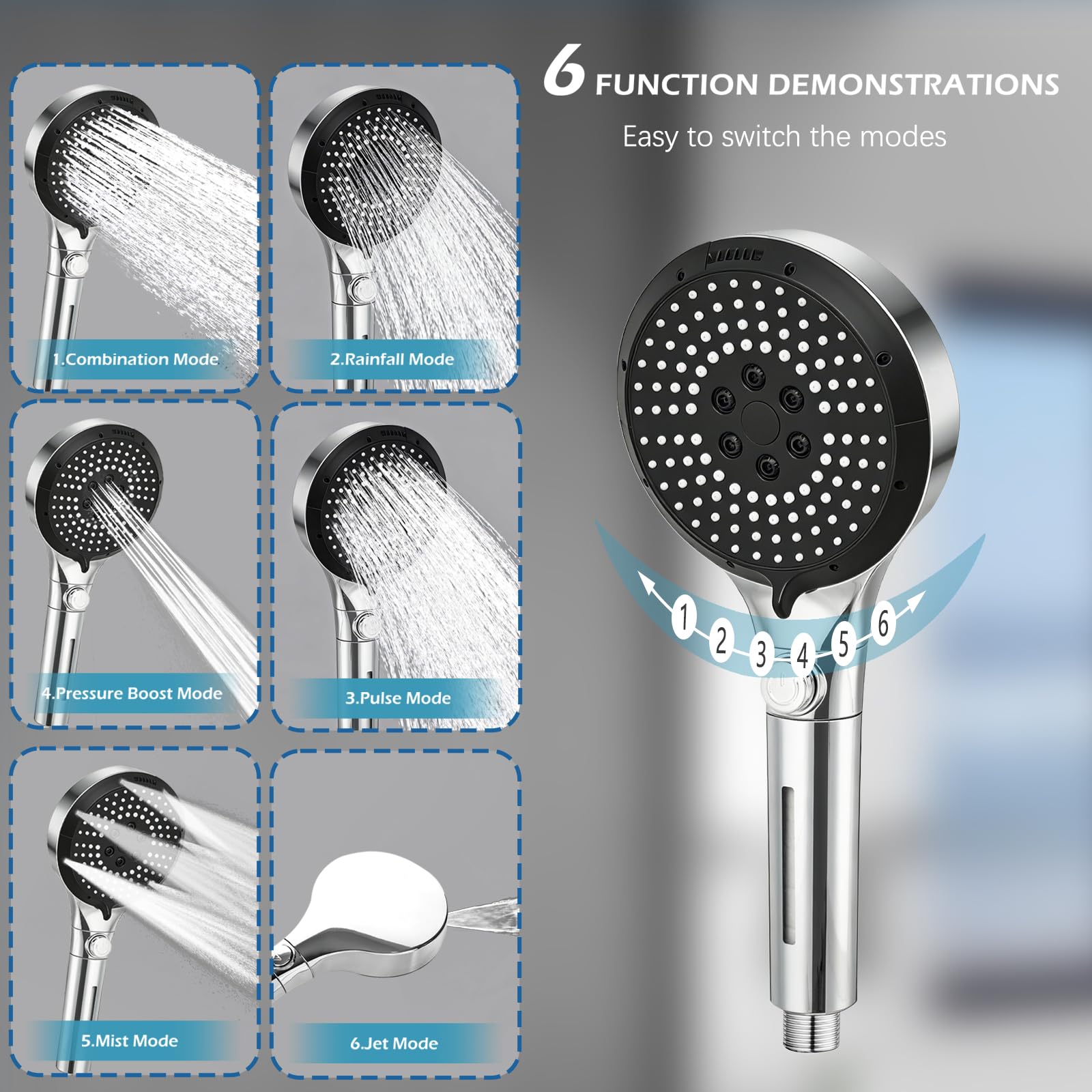 Filtered Shower Head with Handheld - High Pressure 6 Spray Modes Showerhead with Filters, Shower Head With Movable Bracket & 75" Anti-Burst Hose | 12 Replaceable Water Softener Filters for Hard Water - 3