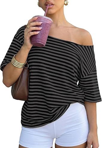 Women Y2k Off Shoulder Striped Oversized Tshirts Casual Loose Fit Short Sleeve Asymmetrical Tee Tops Summer Grunge