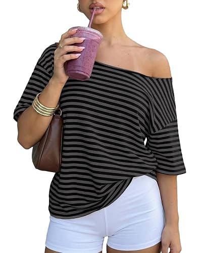 Cioatin Women Oversized Off Shoulder Striped Tee Tops Y2K Aesthetic Clean Fit Short Sleeve Tshirt Pullover Preppy Going Out