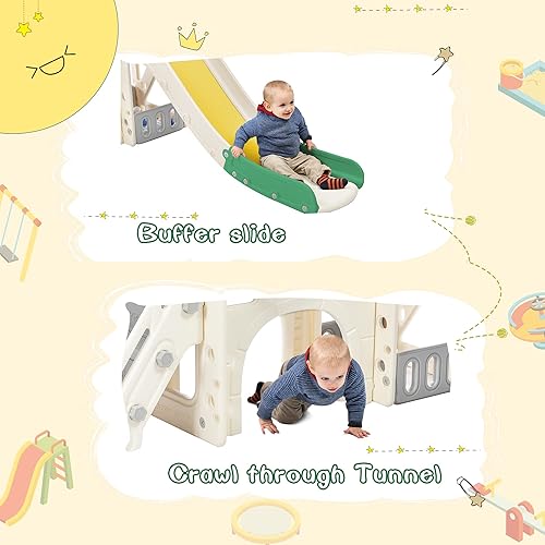 Miniatura 5 de Tobogán 7 en 1 para niños pequeños, tobogán para niños con escalador, aro de baloncesto, lanzamiento de anillo, túnel, telescopio y espacio de