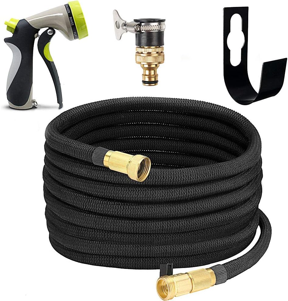 KISSTAKER Expanding Garden Hose, 100FT Expendable Water Hose with 8 Function Zinc Alloy Water Gun, with Solid Brass Connectors for Watering Garden Washing Car and Cleaning Usage (2.5)