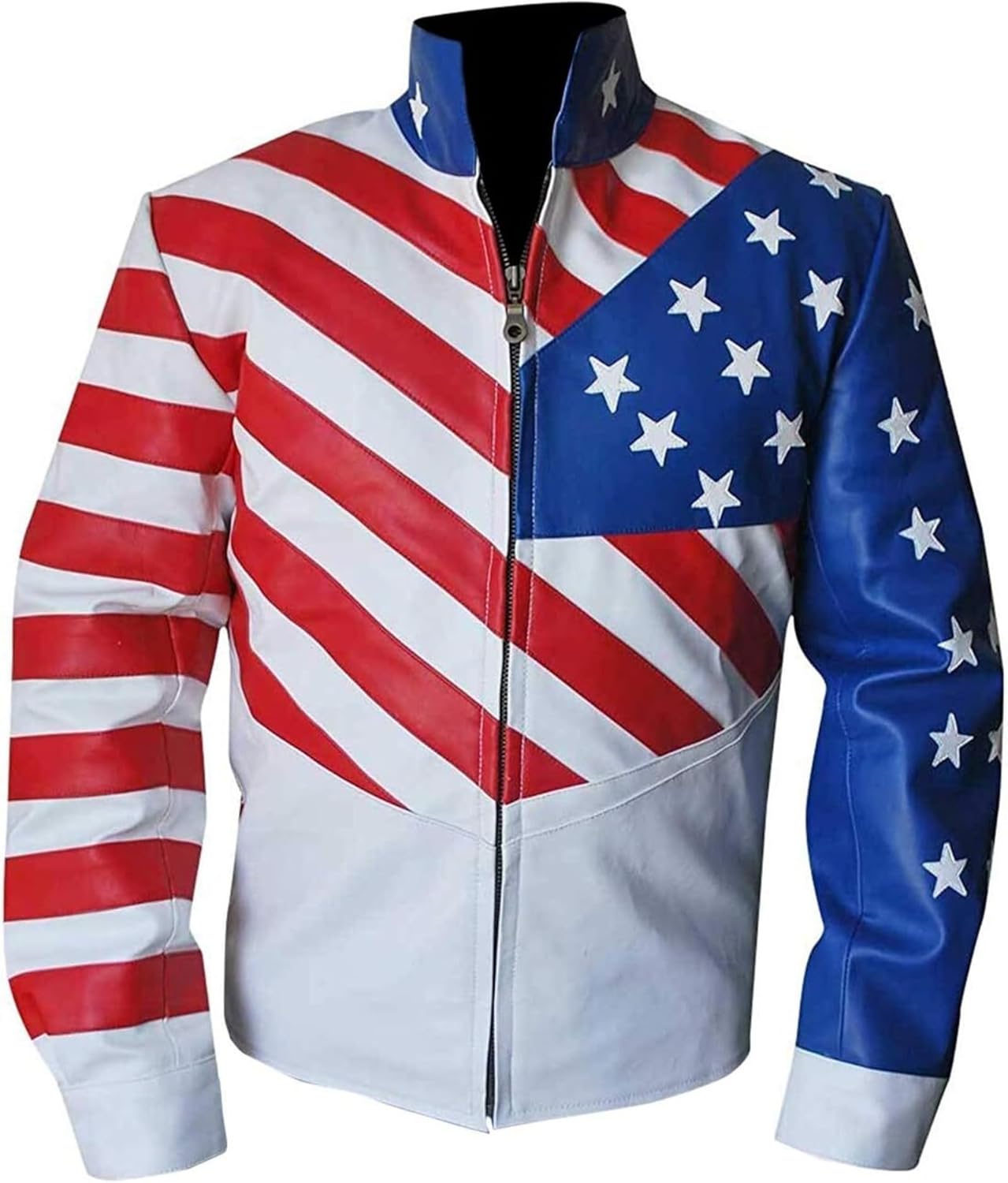 X-ception Mens Vanilla Ice American Flag Jacket Vintage Retro Style Motorcycle Genuine Leather Brando Biker Jacket