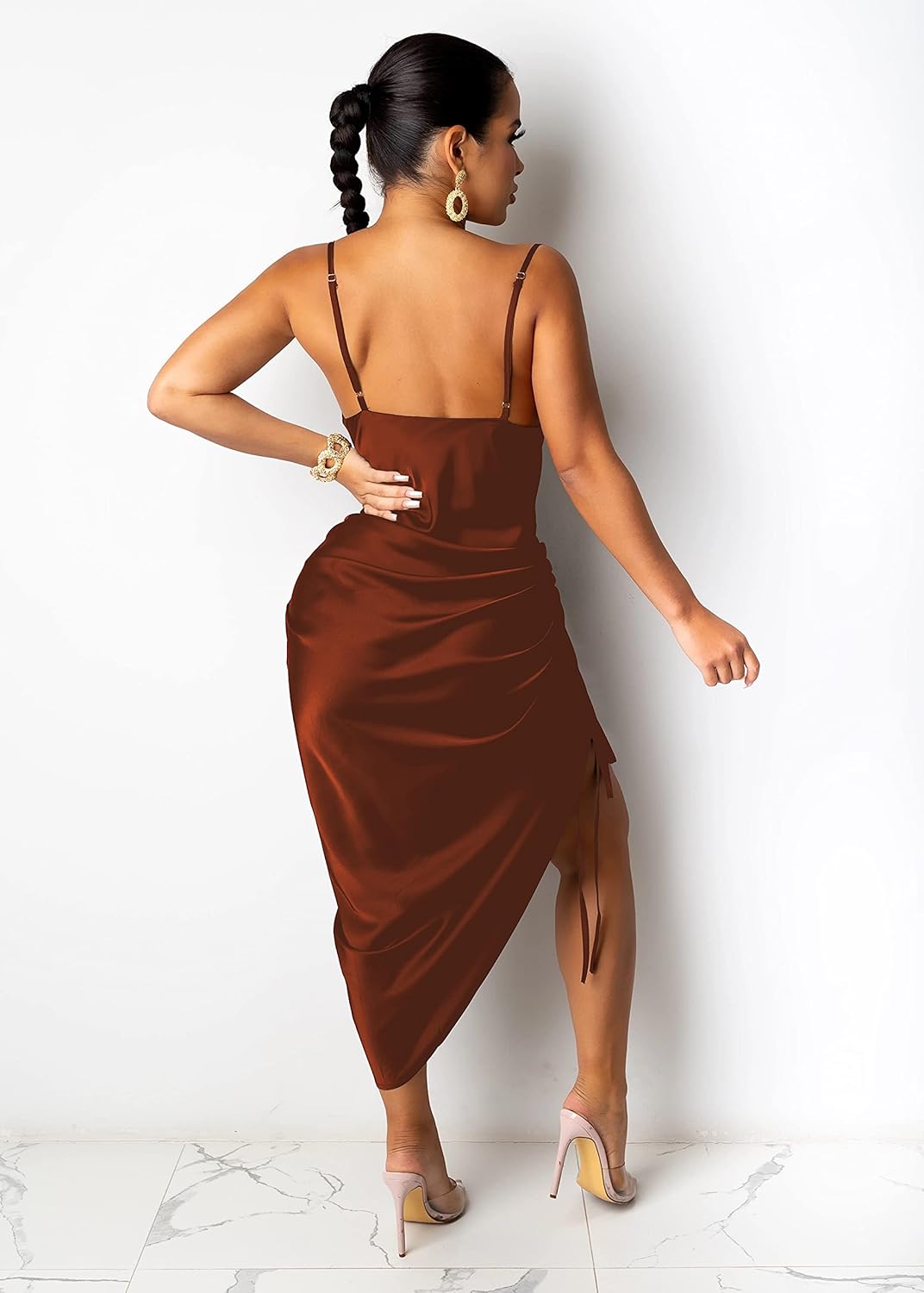 Women's Spaghetti Strap Satin Dress Sexy Backless Drawstring Ruched Split Hem Cocktail Evening Party - Image 2