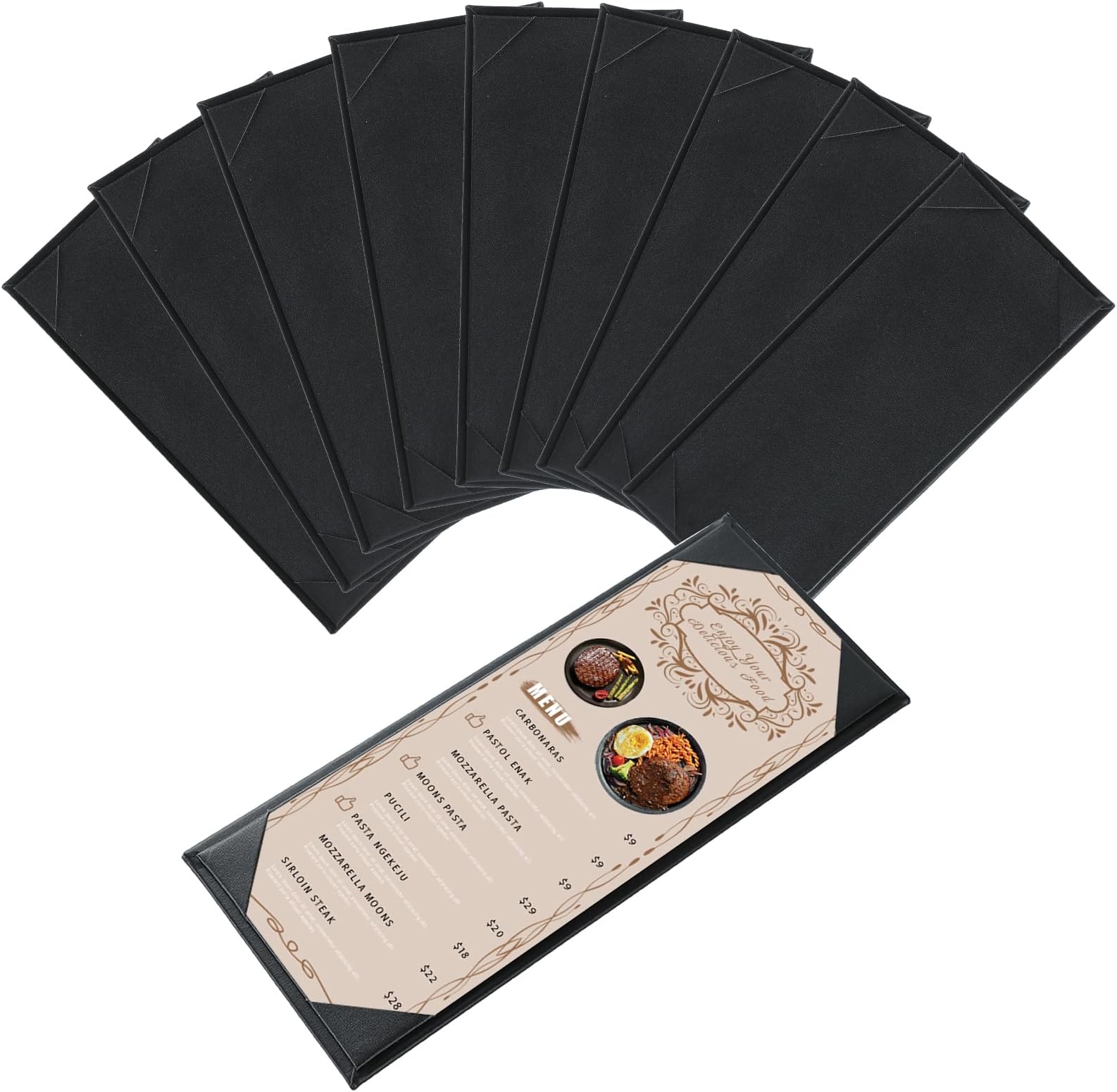 Menu Covers 4.25" x 11" – 10 Pack 1 View Black PU Leather Restaurant Menu Holders, Single Panel with Angled Corners for Food Menus, Wine Lists & Drink Specials & Cocktail, Perfect for Parties