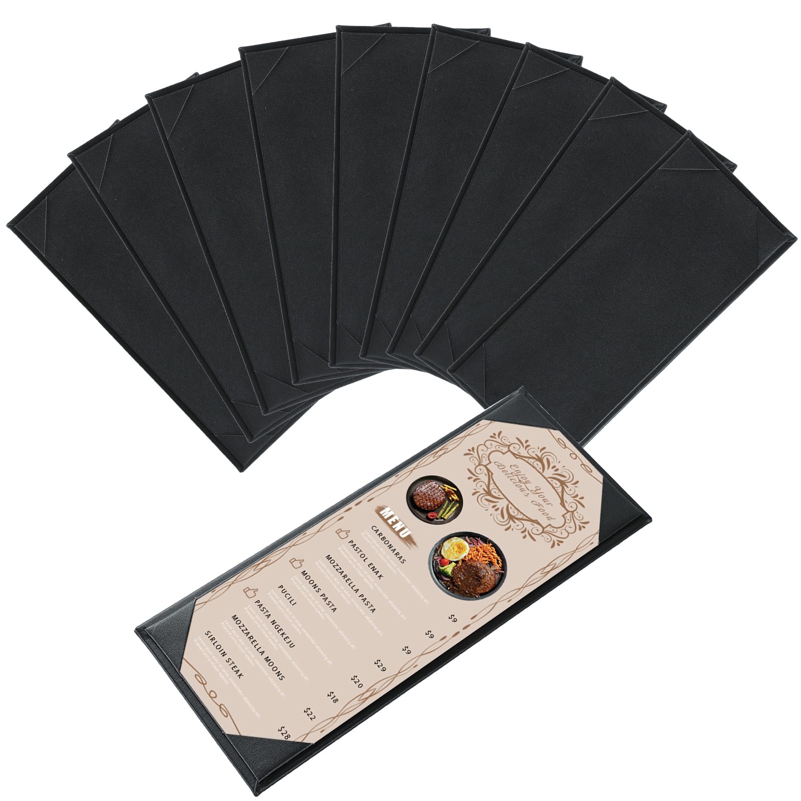 Menu Covers 4.25" x 11" – 10 Pack 1 View Black PU Leather Restaurant Menu Holders, Single Panel with Angled Corners for Food Menus, Wine Lists & Drink Specials & Cocktail, Perfect for Parties