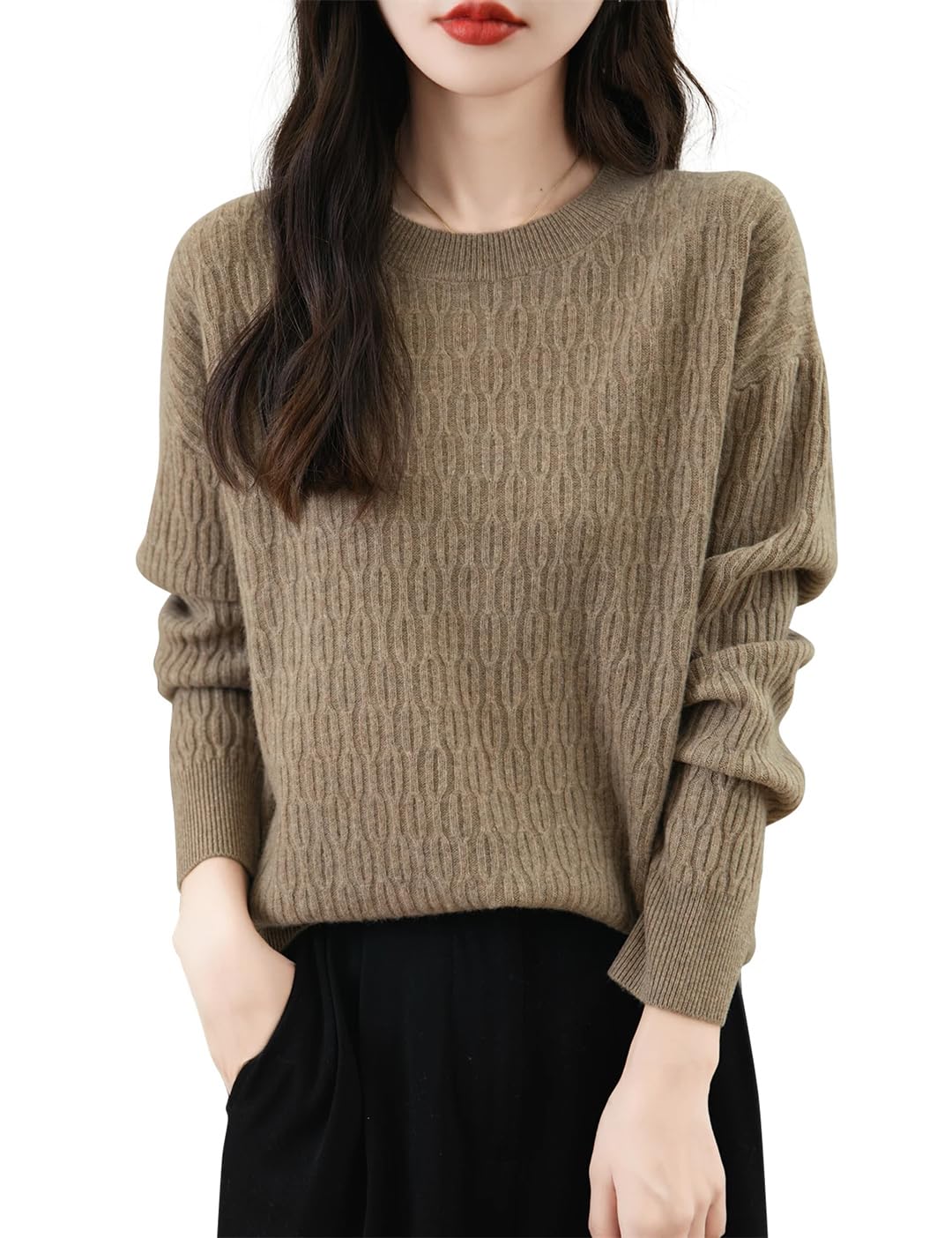 Damski sweter z mieszanki wełny z okrągłym dekoltem sweter z długim rękawem sweter ciepły dzianinowy solidny sweter, BEŻOWY, M