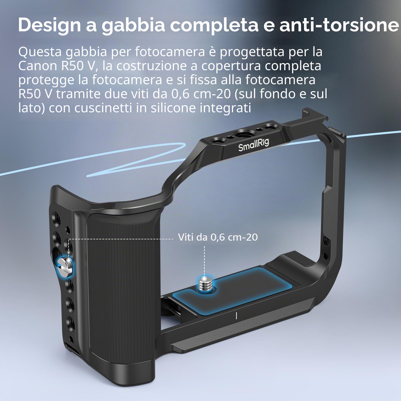 SMALLRIG Gabbia per fotocamera R50 V per Canon R50 V, impugnatura ergonomica in silicone, piastra a sgancio rapido per arca, foro filettato da 1/4"-20, fori da 3/8"-16 per ARRI, flash (nero) - 5427
