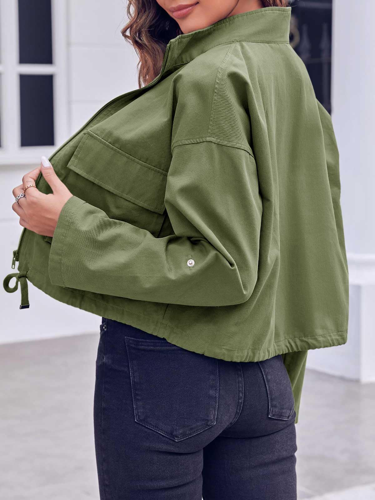 Tankaneo Giacche corte da donna casual con cerniera lampo leggera militare safari breve cappotto multiuso con tasche