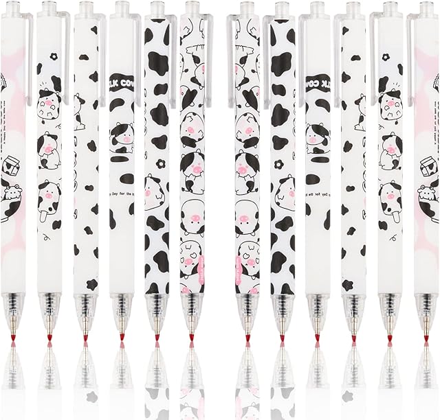 Unvtap 12 Pack Cute Gel Ink Pens Retractable Pens, Retractable Gel Ink Pens, Cute Cow Pen Set, 0.5mm Cute Pens Black Gel Ink Pens for Office School Supplies Gifts for Girl Women Kids