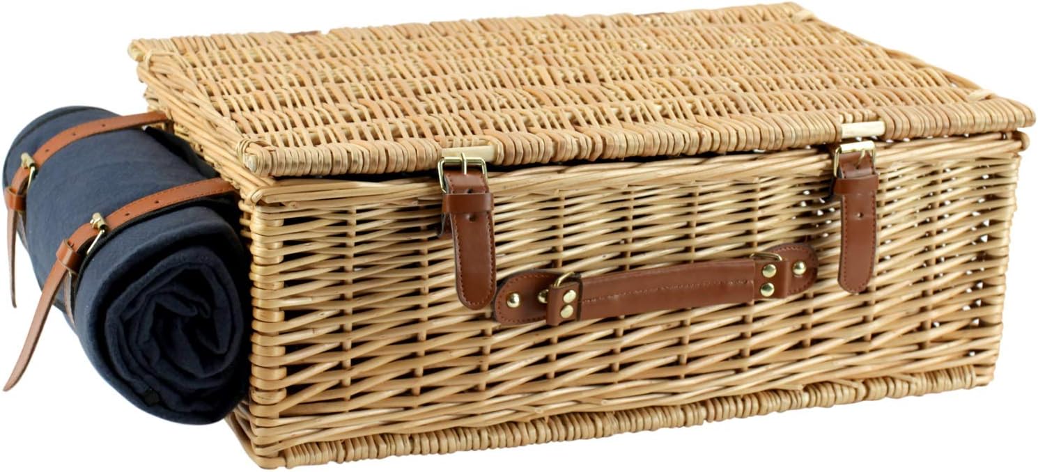 Large Willow Picnic Basket with Deluxe Service Set for 4 Persons, Natural Wicker Picnic Hamper with Food Cooler, Wine Cooler, Free Fleece Blanket and Tableware - Best Gift for Father Mother : Patio, Lawn & Garden
