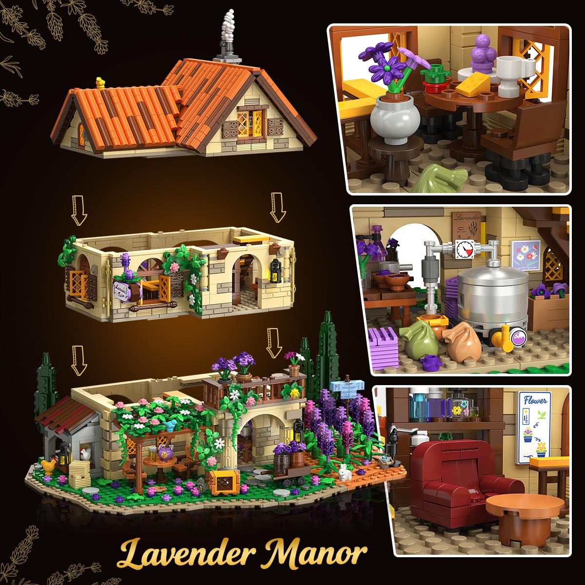 INSOON Lavendel Herrenhaus Bauspielzeug mit Licht für Erwachsene ab 12+ | Lavendel Klemmbausteine Konstruktions Modell, Romantisches Häuser Spielzeug für Jugendliche Jungen Mädchen 12+, 1960 Stück