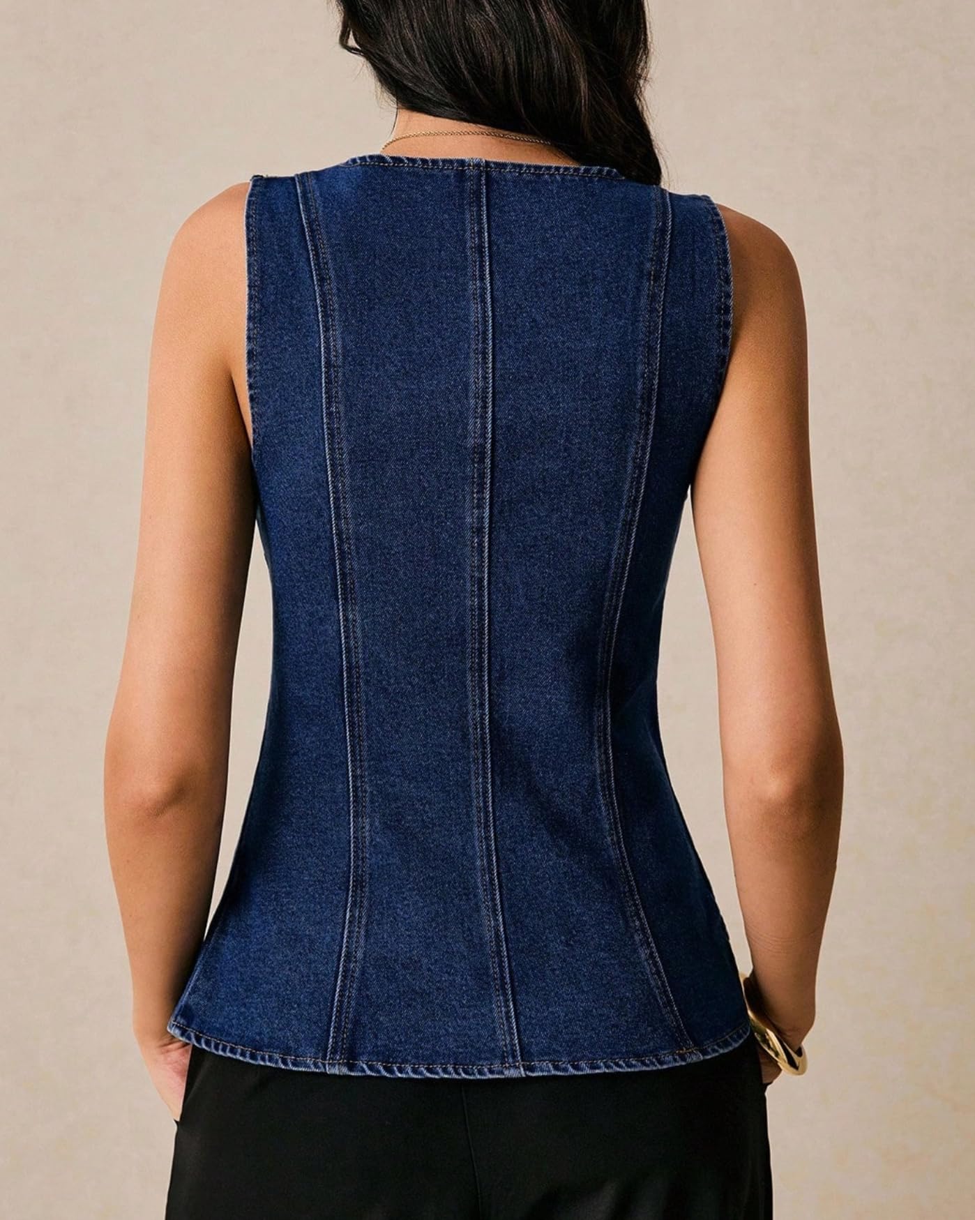 EZAPINE Canotta da donna in denim con bottoni in metallo senza maniche scollo quadrato slim fit gilet jeans