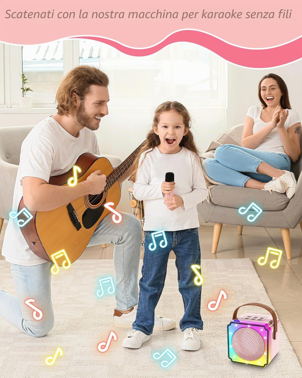 Azyvum Karaoke per Bambini con 2 Microfoni Senza Fili Bluetooth, Macchina Karaoke Portatile con Luce LED ed Effetti di Cambio Voce, Regalo Bambina 3-12 Anni, Ragazzi e Ragazze