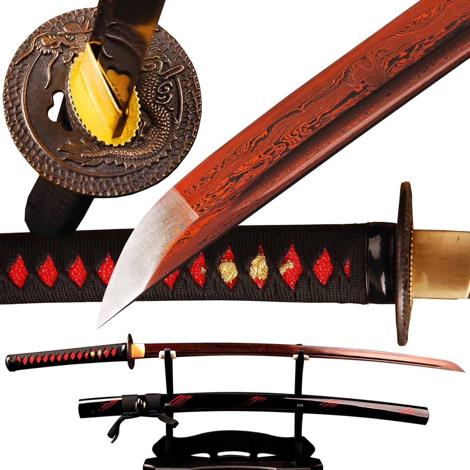 41 Inch Handmade Authentic Japanese Samurai Katana Sword Full Tang Red Damascus Steel Collectible Men's Fine Gifts