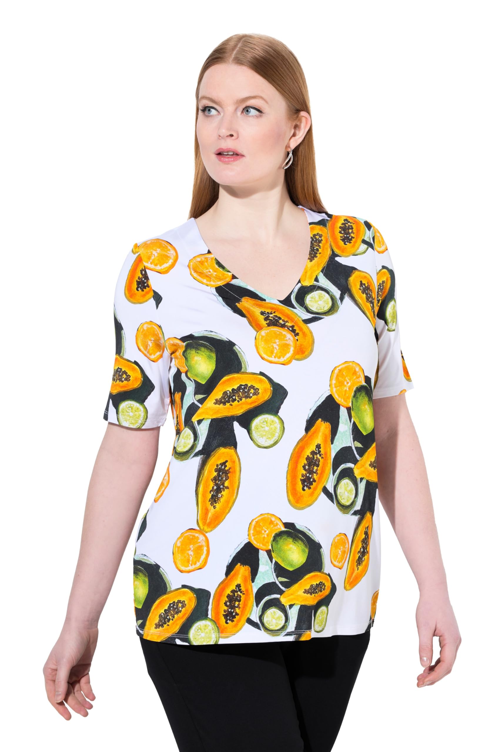 Ulla Popken Damen große Größen Übergrößen Plus Size Slinky-Shirt, Papayas, Classic, V-Ausschnitt, Halbarm 838851