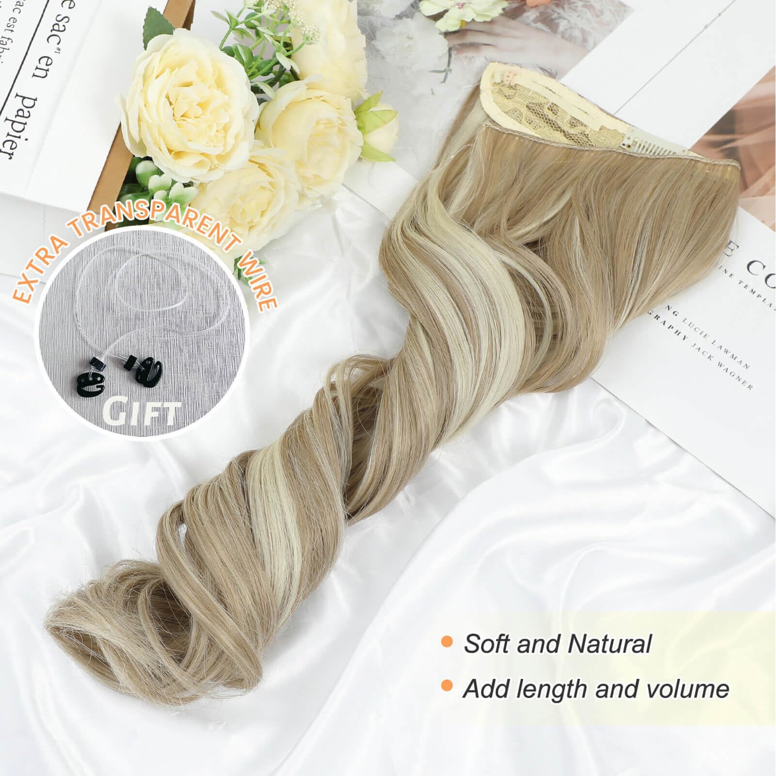 Flyroseing Halos Hair Extension with Transparent Wire, 18 Inch Body Wavy Invisible Wire Blonde Hair Extensions - Image 3