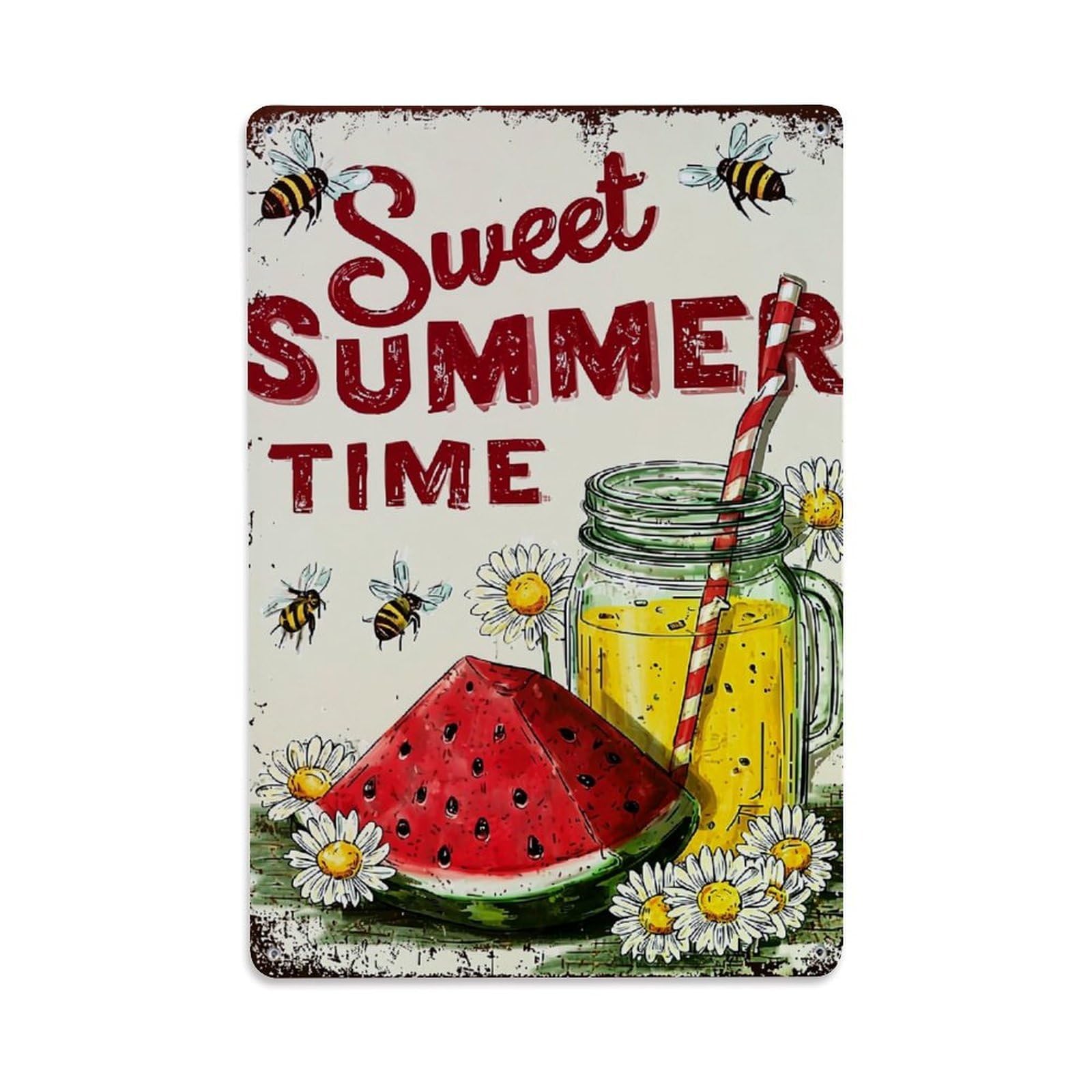 Jdyaojiesheng Vintage Sweet Summer Time Watermelon Bees Tin Sign Retro Metal Wall Decor Metal Poster, Home Bar Garage Farmhouse Cafe Wall Art Decoration 8X12inches