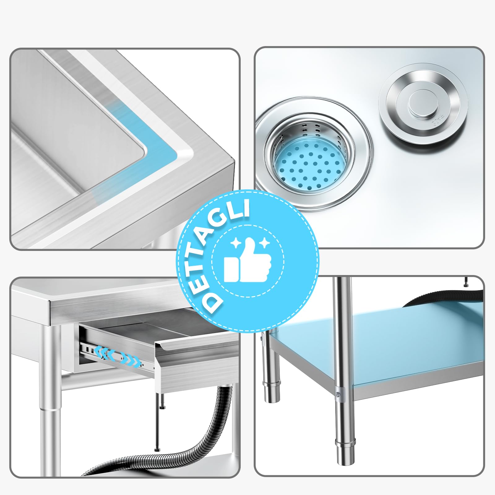 Lavello da cucina industriale con banco da lavoro e Der 100x55x80cm tavolo in acciaio inless con rubinetto a 360 ° lavaggio esterno t per giardino Hospitali Ga