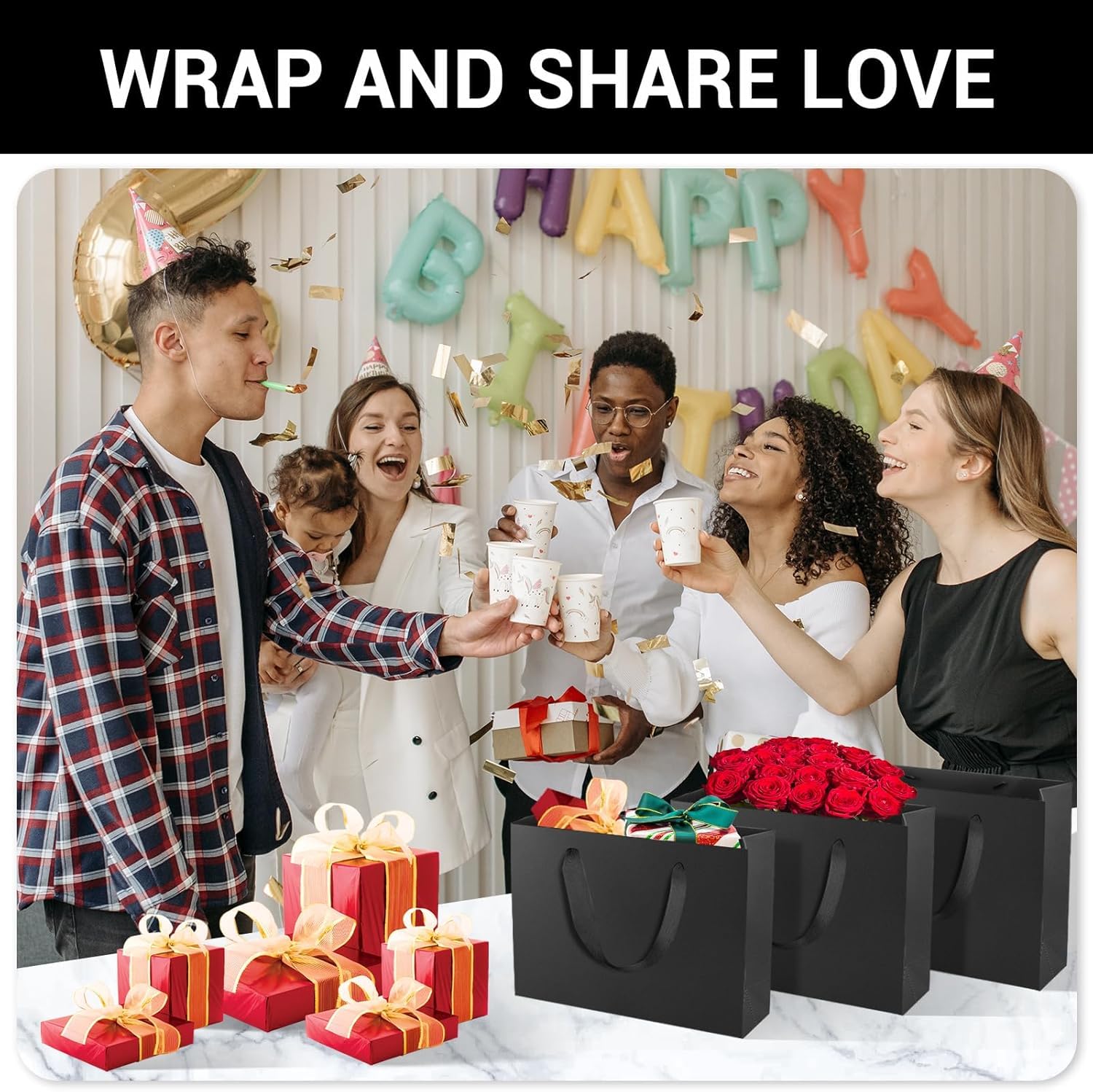 EUSOAR Papiertüten mit Henkel, 50PCS Geschenktasche Schwarz 27x21x8cm | 250GSM Paper Gift Bags, für Geburtstag Hochzeit Weihnachten Vatertag