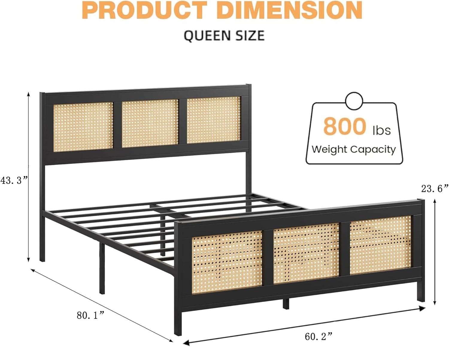 IDEALHOUSE Rattan Bed Frame with Headboard, Boho Queen Bed Frame with Strong Metal Slats Support, No Box Spring Needed, Noise-Free Design, Black