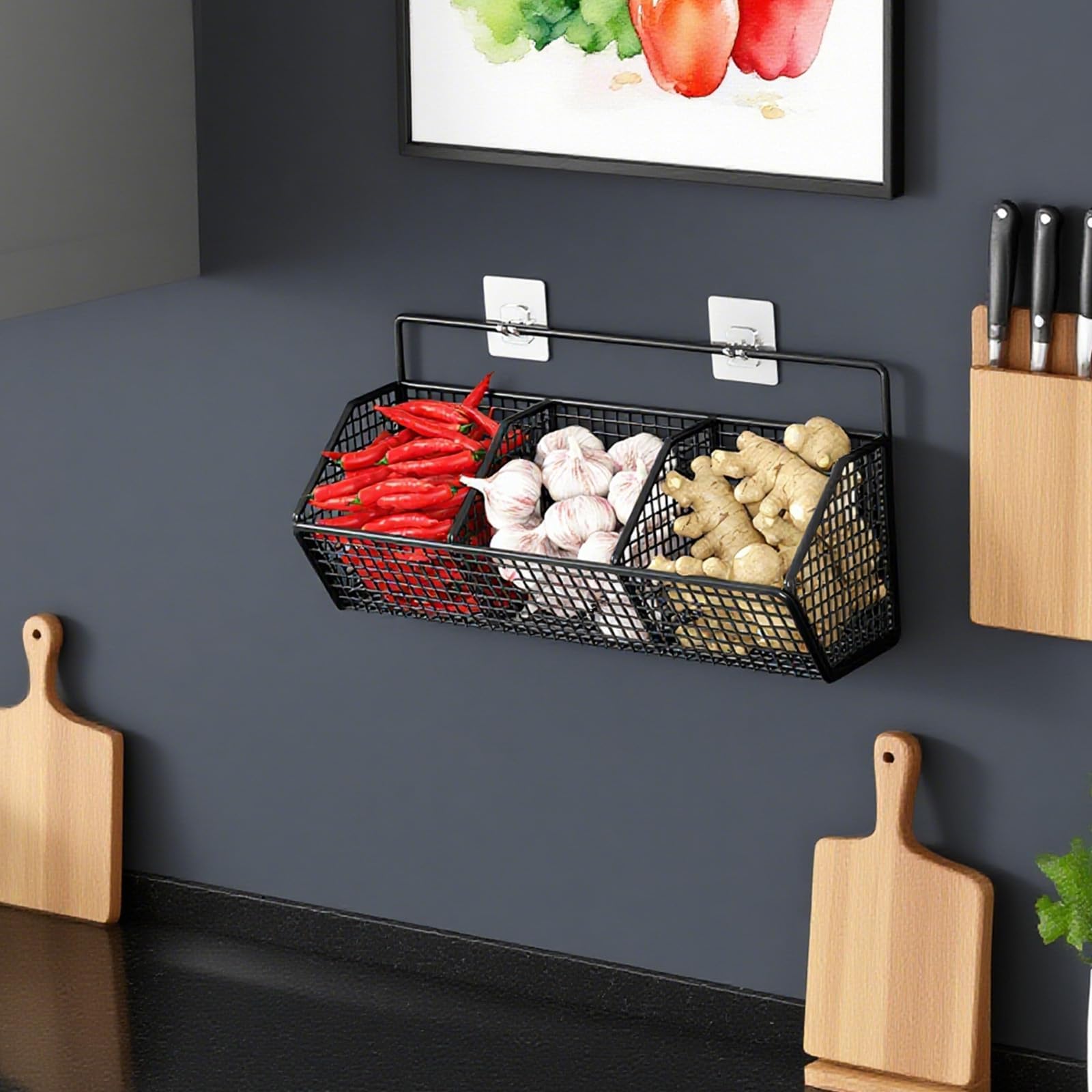 Cestini da parete in metallo, set da 2 pezzi con 3 scomparti, per conservare le verdure, cestino in metallo da appendere senza forare, cestino sospeso da cucina e cucina, organizer per cipolle