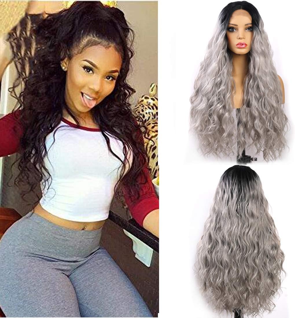 Glueless Lace Front Wigs Black Ombre Silver Grey Color Long Natural Water Wave Synthetic Lace Wigs For Women Natural Hairline Heat Resistant Fiber Hair 22inch