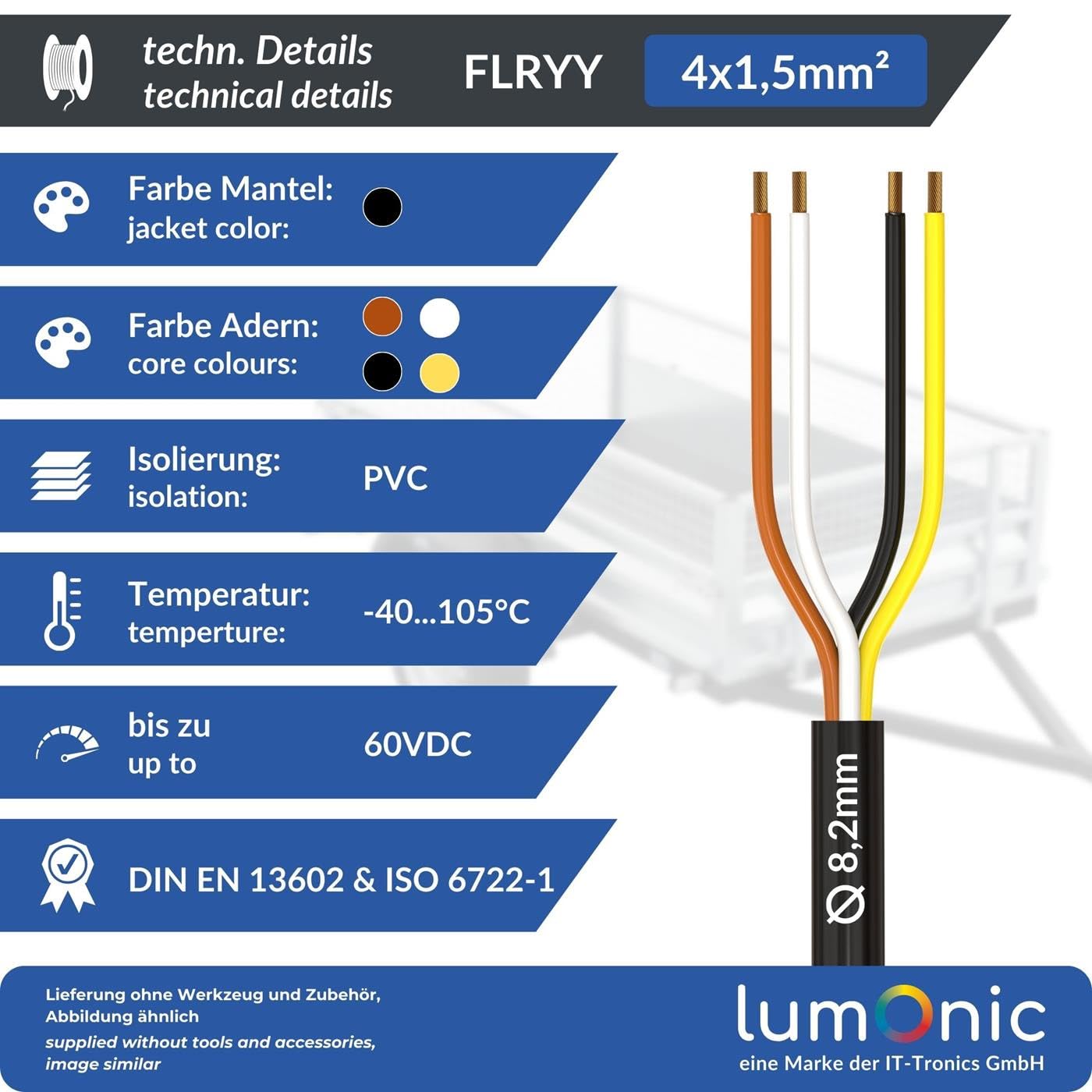 Lumonic 10m FLRYY Cavo per Veicoli a 4 Poli - Sezione 4x 1,5mm² - per Rimorchi Multipolare