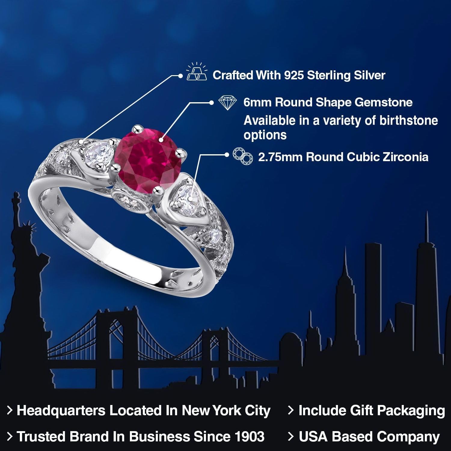 Gem Stone King 925 Sterling Silver Round 6MM Gemstone Birthstone Engagement Ring | Wedding Anniversary Promise Ring For Women | Available In Size 5, 6, 7, 8, 9