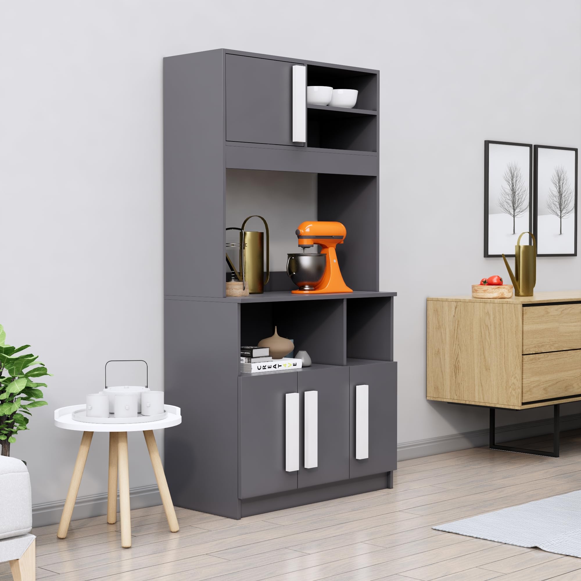 Bniture Crockery Unit for Kitchen, Dining Area, Living Room, Wooden Cabinet, Kitchen Cabinet, Display Cabinet, Wooden Storage Cabinet (CU102) (Slate Grey)-image-44