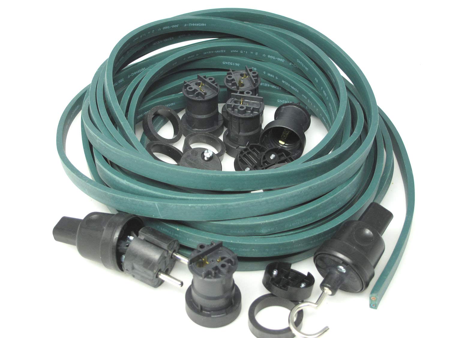 IKu ® Bausatz Illu Lichterkette 25 Meter 25 Fassungen - Stecker - Endstück - Dunkelgrünes Kabel