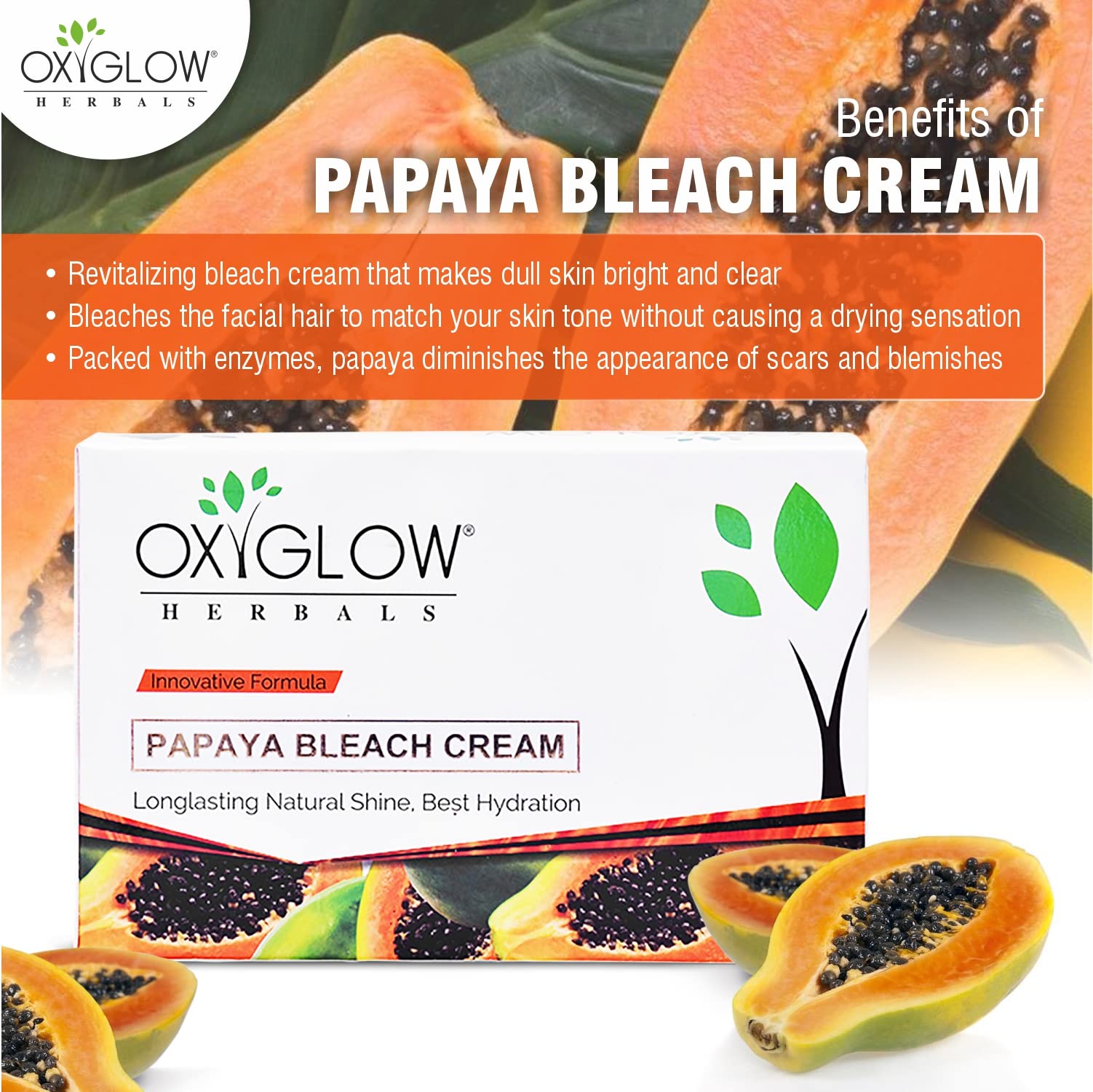 OxyGlow Herbals Papaya Bleach Cream Enriched with Goodness of Papaya| Hydrates & Rejuvenates the Skin| Gives Instant Glow & Exfoliates Dead Skin 50Gram - Image 5 thumbnail