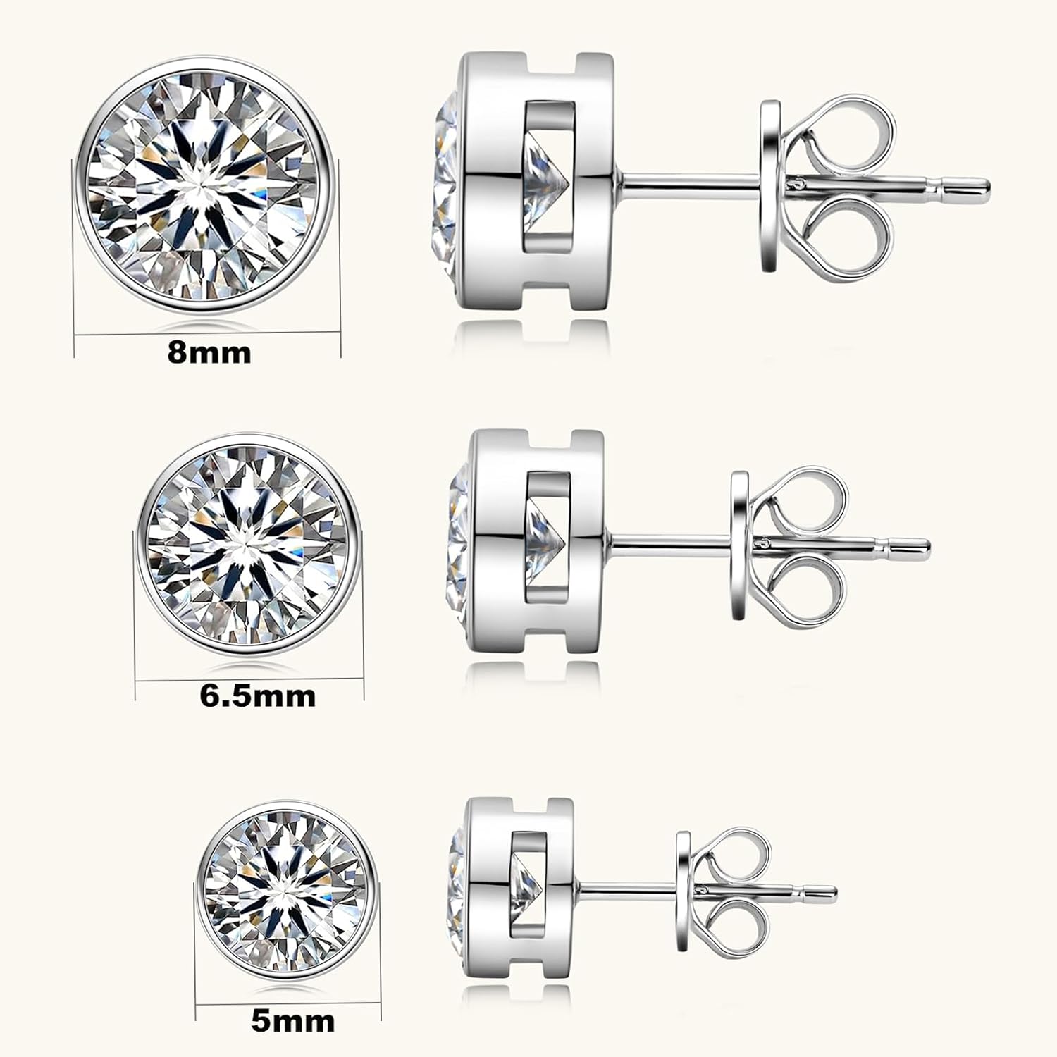 Moissanite Stud Earrings for Men, 1ct-4ct D Color Round Cut Moissanite, Sterling Silver Bezel Earrings for Women Wife Anniversary Birthday Gift