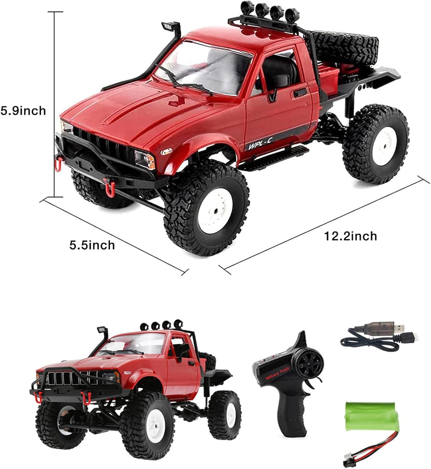 1/16 Scale RC Crawler, WPL C14 RC Truck RTR 4x4 Off-Road 2.4GHz Remote Control RC Rock Crawler with LED Lights for Adults Toy