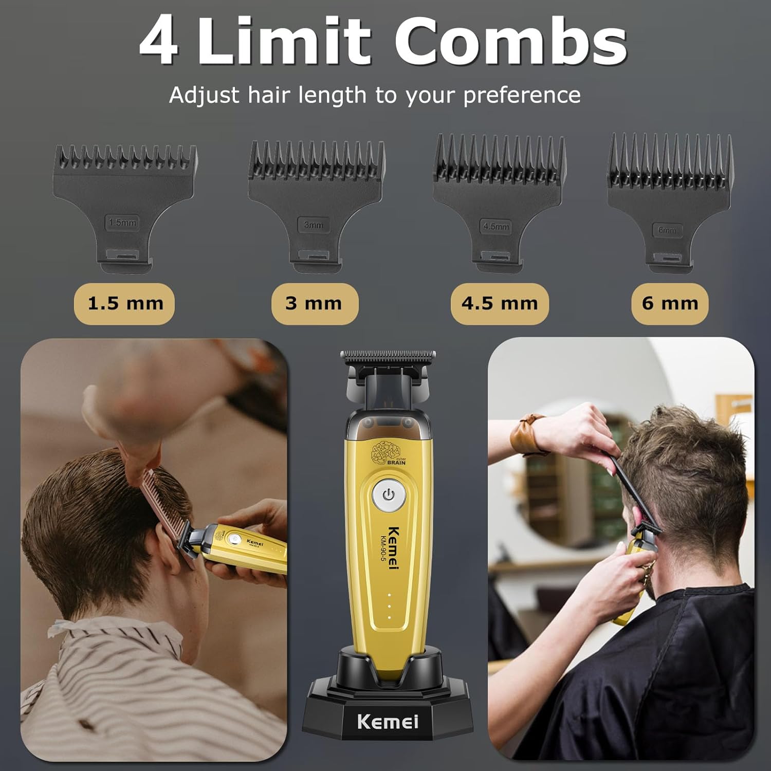 KEMEI 90-5 Men’s Hair & Beard Trimmer, Zero Gap DLC Blade, 7500 RPM Cordless Trimmer for Barbers