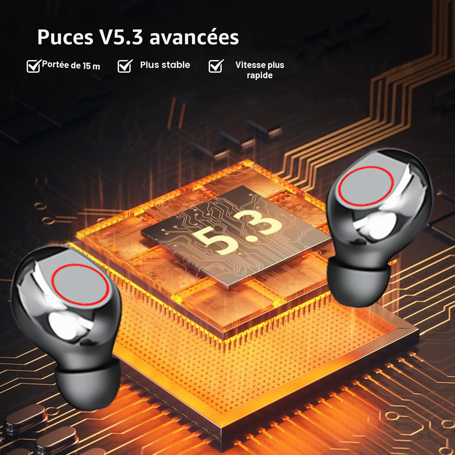 Écouteurs Bluetooth 5.3 In Ear sans fil avec étui de charge et contrôle tactile, design compact IPX7, étanche, écouteurs sans fil, écran LED pour la course et le sport