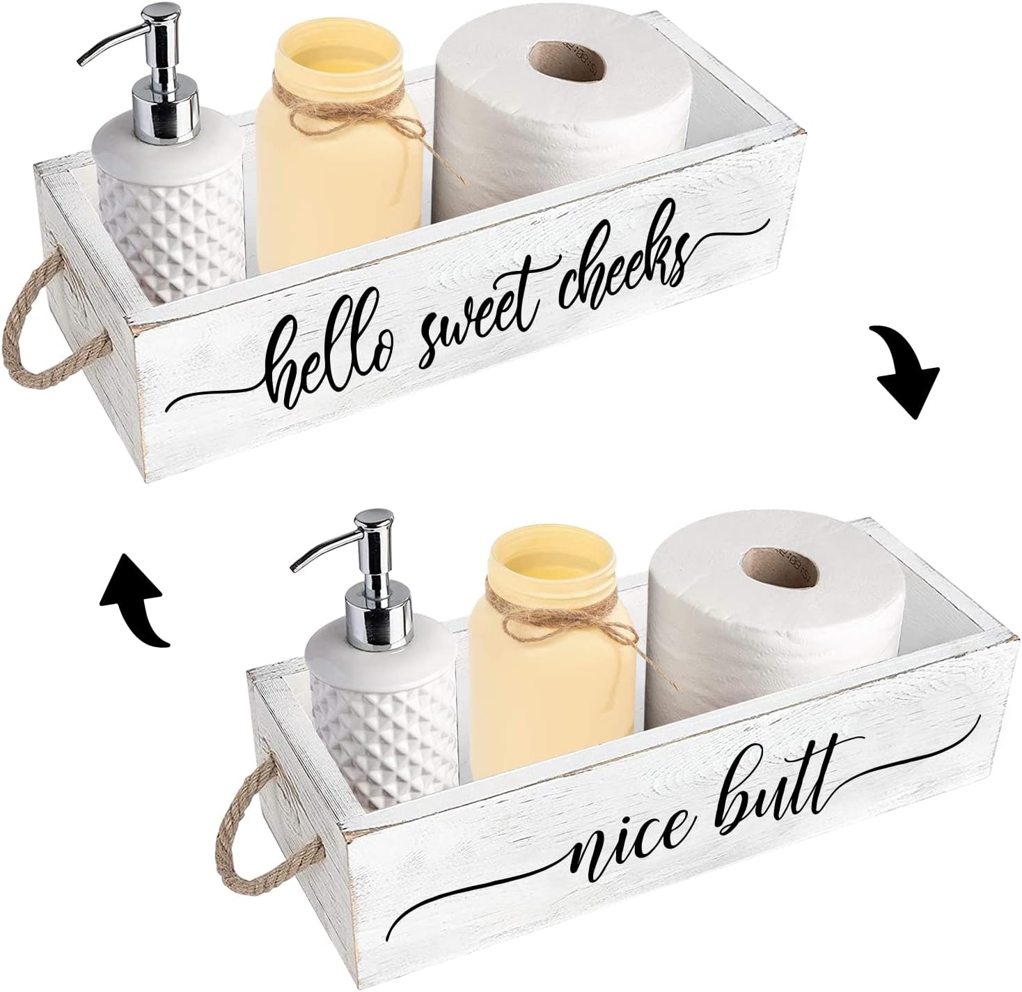 PZJIEAN Funny 2 Sides Hello Sweet Cheeks White Bathroom Decor Box with Handle, Farmhouse Bathroom Decor Box for Toilet Paper, Back of Toilet Organizer