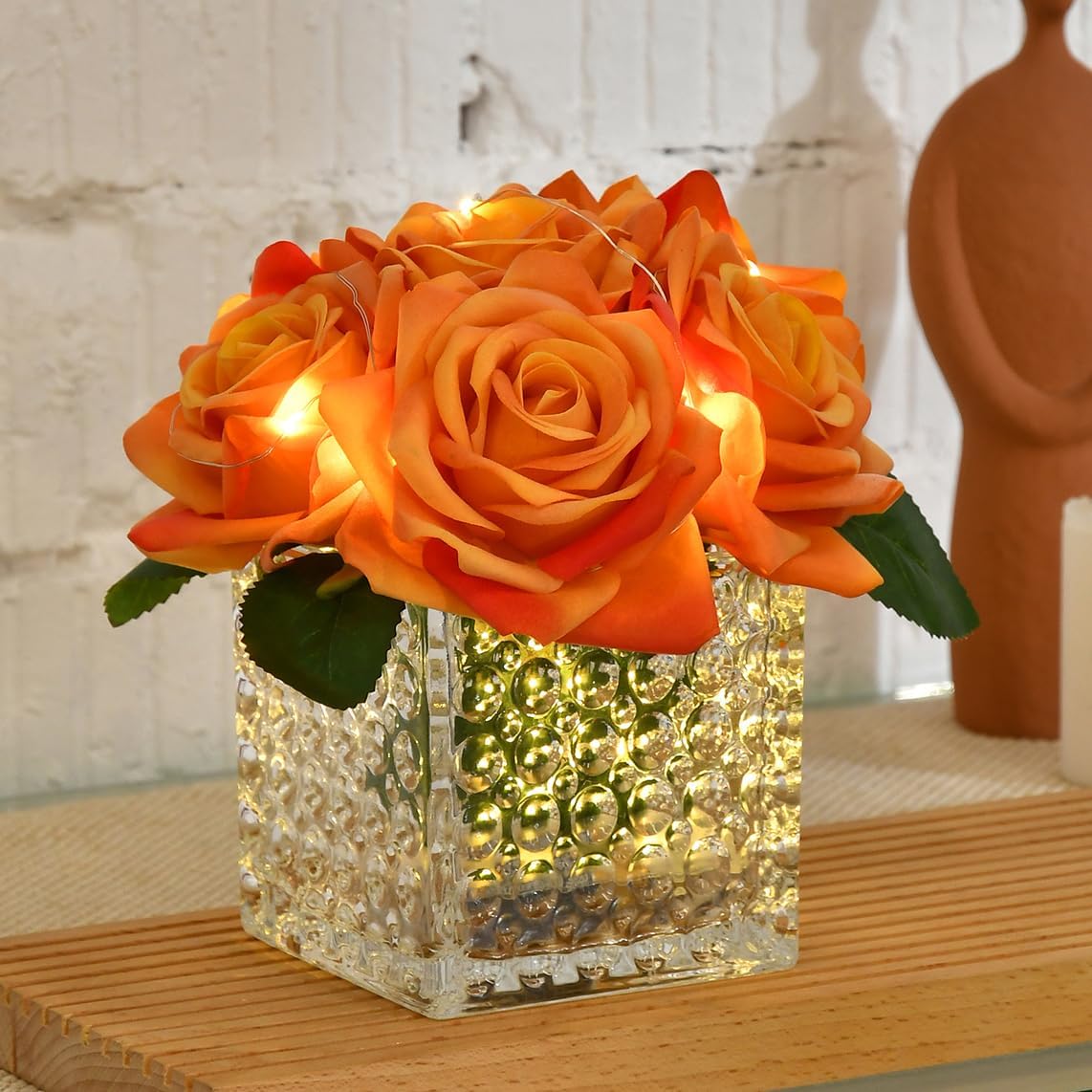 Fule Artificial Silk Rose Flower Centerpiece Arrangement in Glass Vase with LED Light for Home Wedding Decoration (Orange) - Image 3