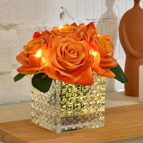 Miniatura 3 de Fule - Arreglo de centro de mesa de rosas artificiales de seda en jarrón de vidrio con luz LED para decoración del hogar y boda (naranja)
