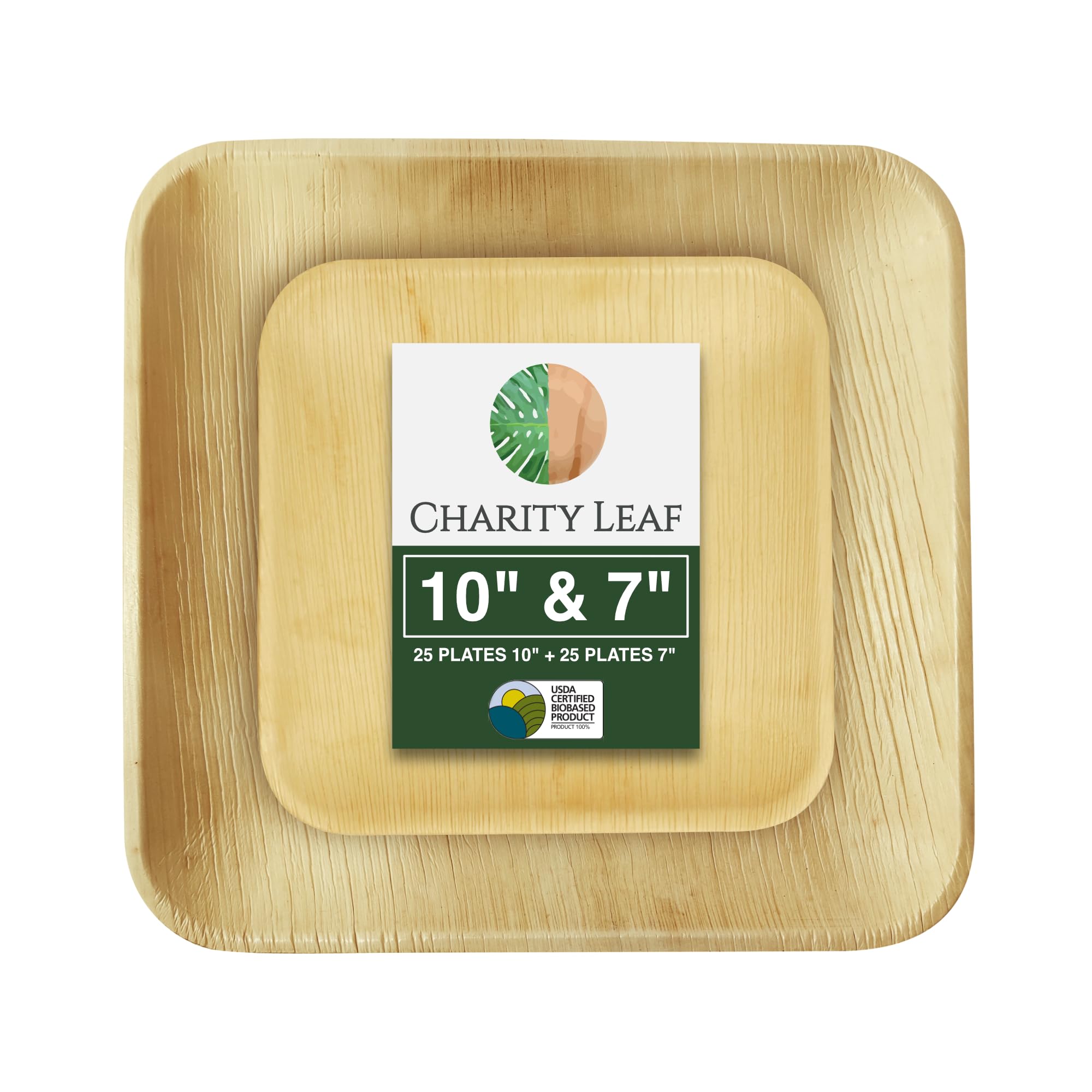 Charity Leaf - Juego de Platos Desechables de Hoja de Palma como Platos Cuadrados de bambú | Bodas, Tablas de Embutidos, barbacoas y Fiestas | 10 Cuadrados (25 Platos) y 7 Cuadrados (25 Platos)