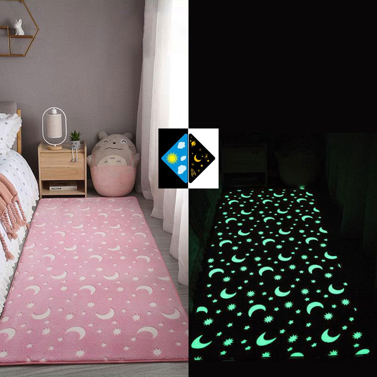 Single tree forest Glow-In-The-Dark Children'S Bedroom Bedside Carpet, Home Decoration Washable Play Rug, Crawling Mat-Pink Stars And Moon-190 * 190cm