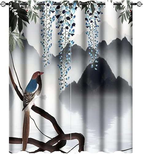 Cortinas opacas para oscurecer la habitación con ojales, diseño de flores japonesas con ojales, arte retro de primavera y ramas florales, arte de