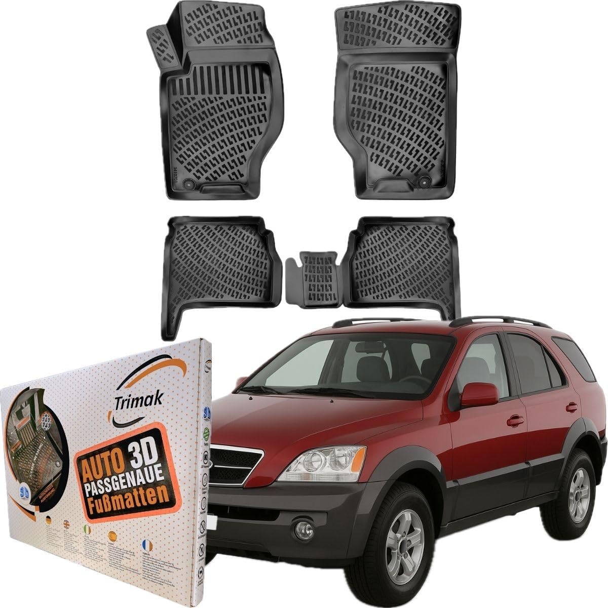 Trimak Dokładnie dopasowane dywaniki samochodowe 3D kompatybilne z Kia Sorento 1. Gen 2002 - 2009 akcesoria samochodowe 1. i 2. rząd dywaników gumowych samochodów TPE na każdą pogodę Bezzapachowe antypoślizgowe przód i tył czarne