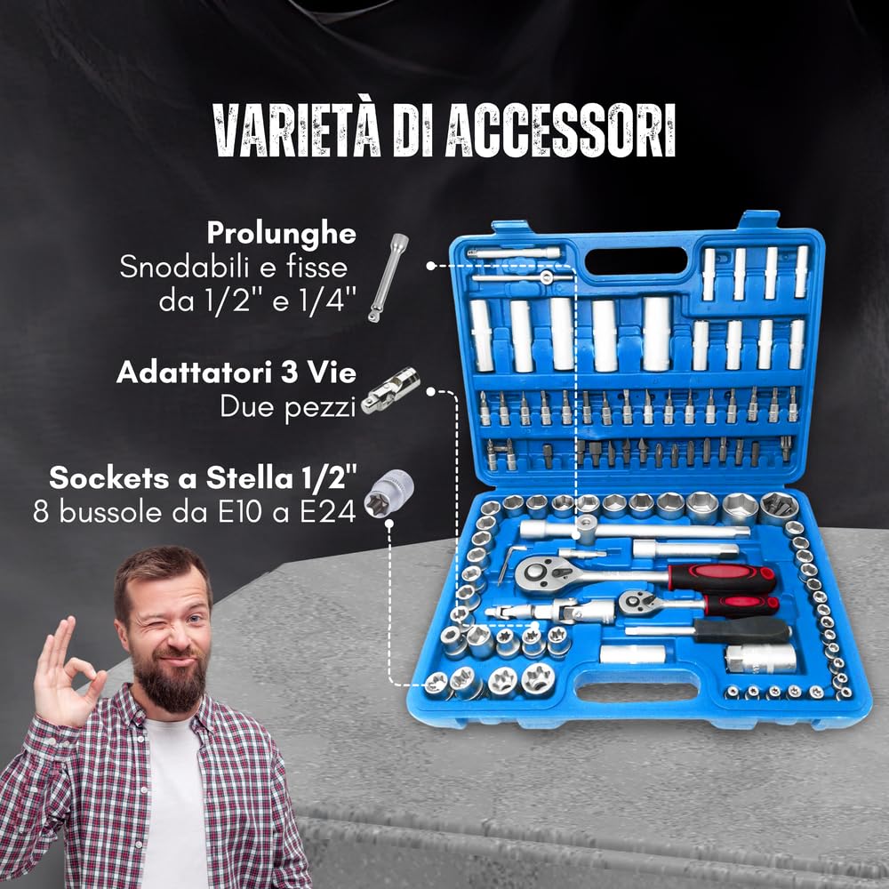 Valigetta Attrezzi da 108 Pezzi, Chiavi a Bussola, Cricchetto e Cacciavite