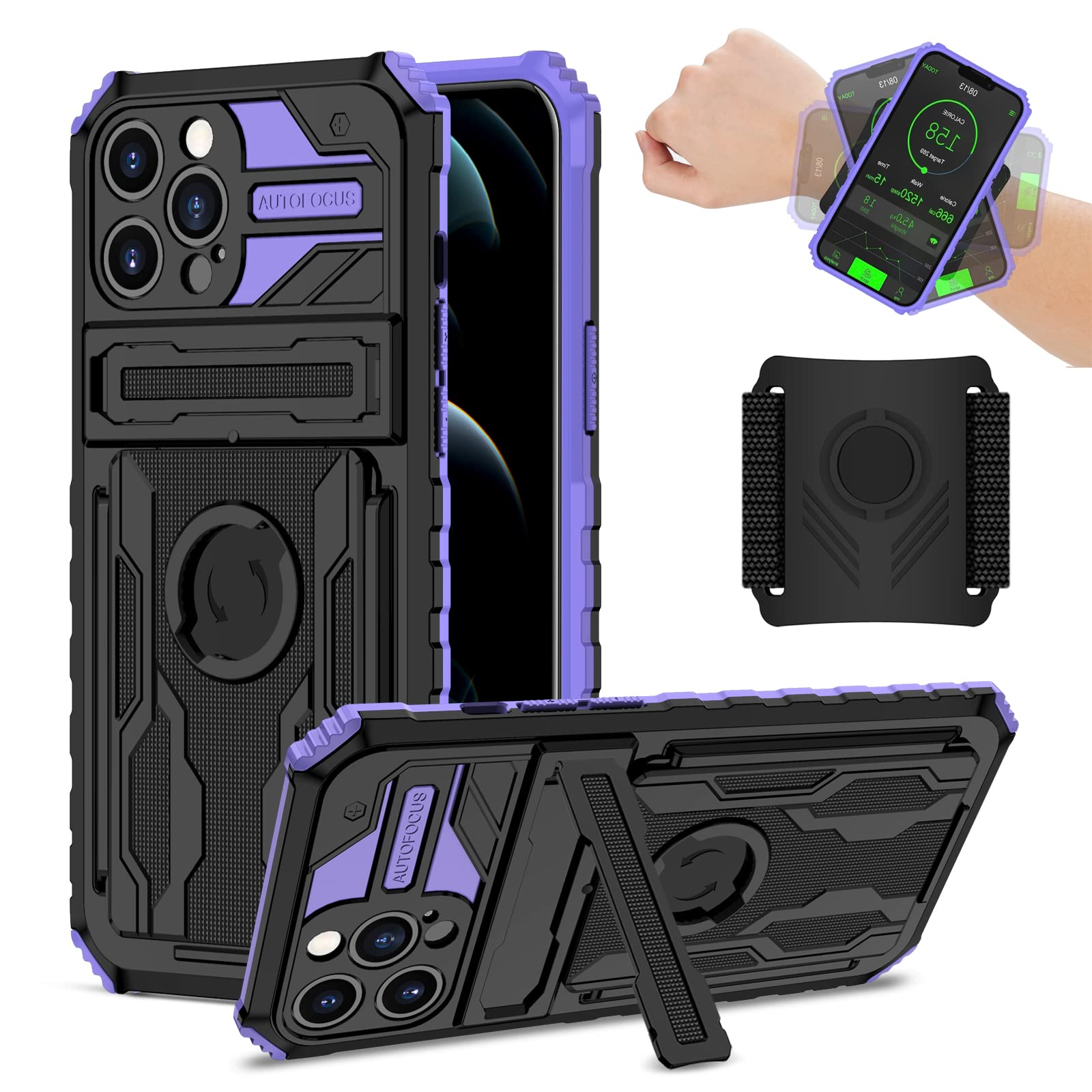 for iPhone 13 Pro Max Heavy Duty Shockproof Satnd Case,Sports Armband Case for iPhone 13 Pro Max,with 360° Rotatable & Detachable Wristband,Purple-image-42