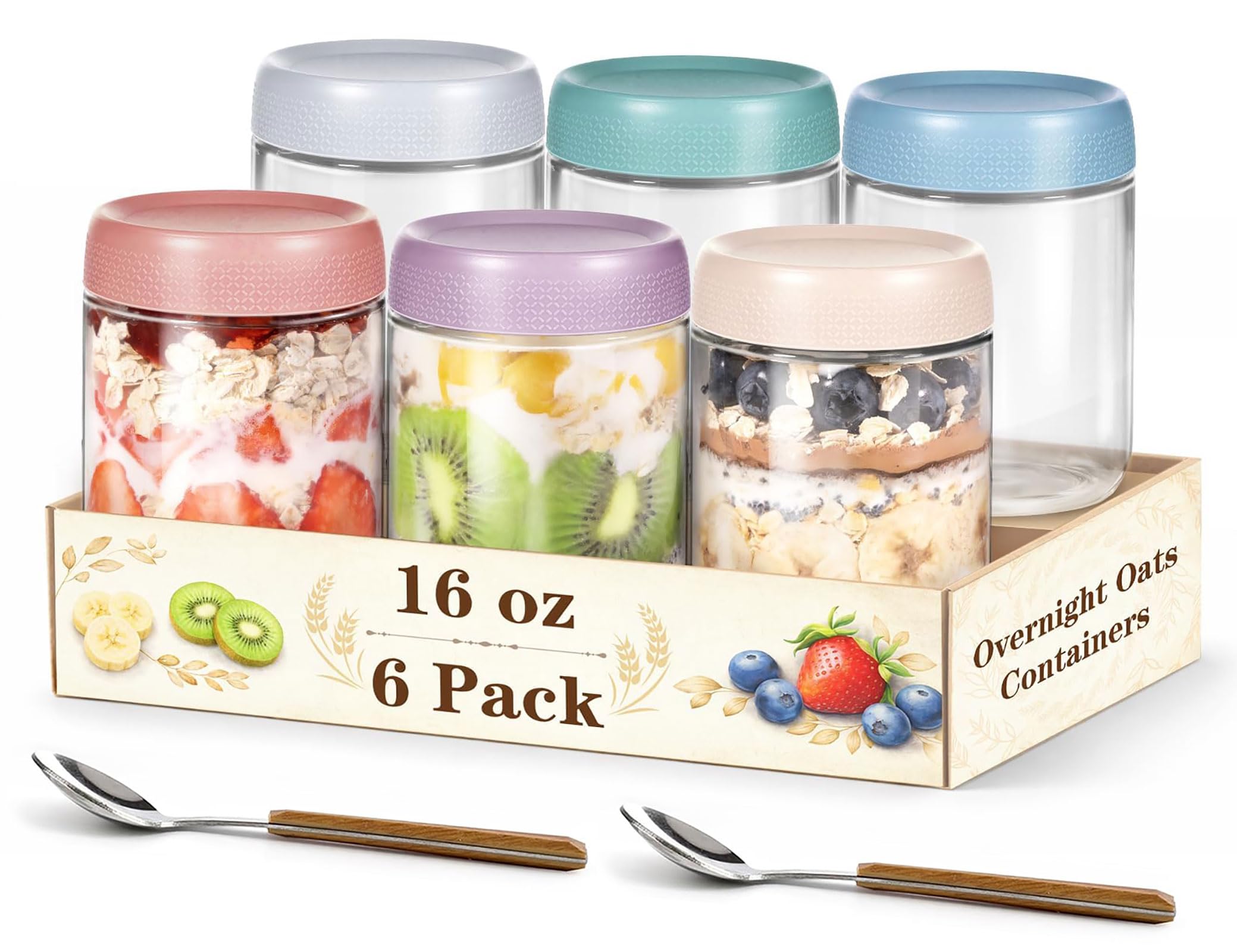 Zhouzglass 16Oz-6 Pack Overnight Oats Jar, 500Ml Glass Jars With Lids, Practical Oatmeal Container, Overnight Oats Containers For Yogurt, Salad, Cereal, Snacks, Chia Pudding (6 Pack)