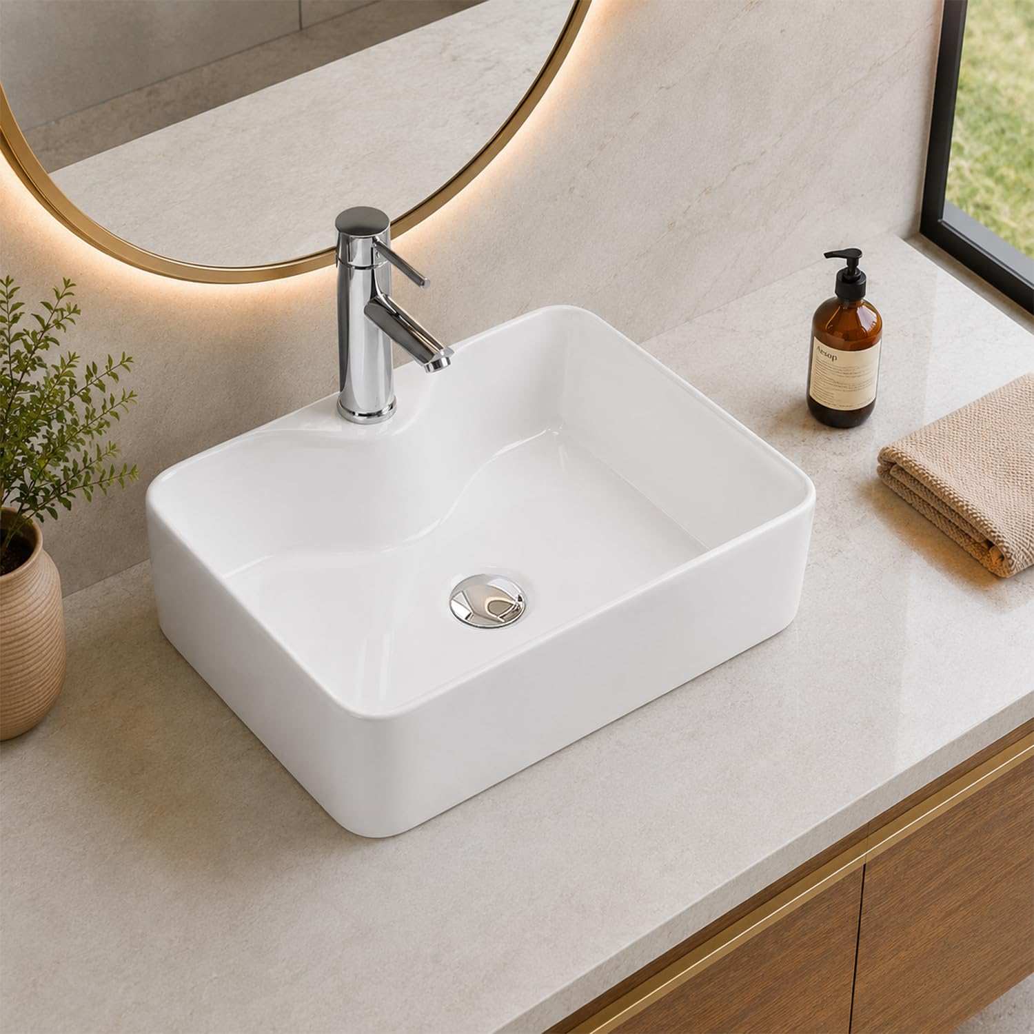 BELOFAY Counter Top Bathroom Sink Basin – Modern White Ceramic Wash Basin with Scratch-Resistant Gloss Surface – Sink basins for Cloakroom,Vanity Cabinet and Bathrooms (Rectangular 2)
