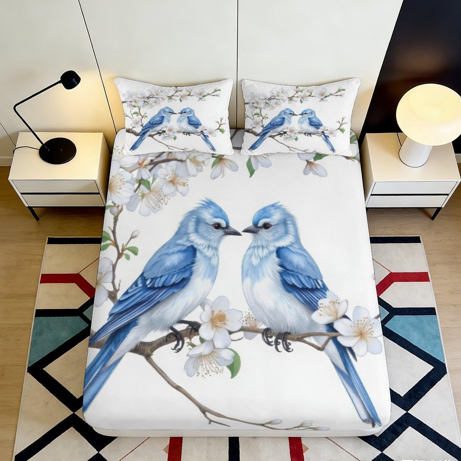 Pnayamiorkfel Style-2 3D Printed Blue Bird Blossom Fitted Sheet Microfiber Soft Mattress Cover Bedroom Guest Room Dustproof Decor 90X200x25cm