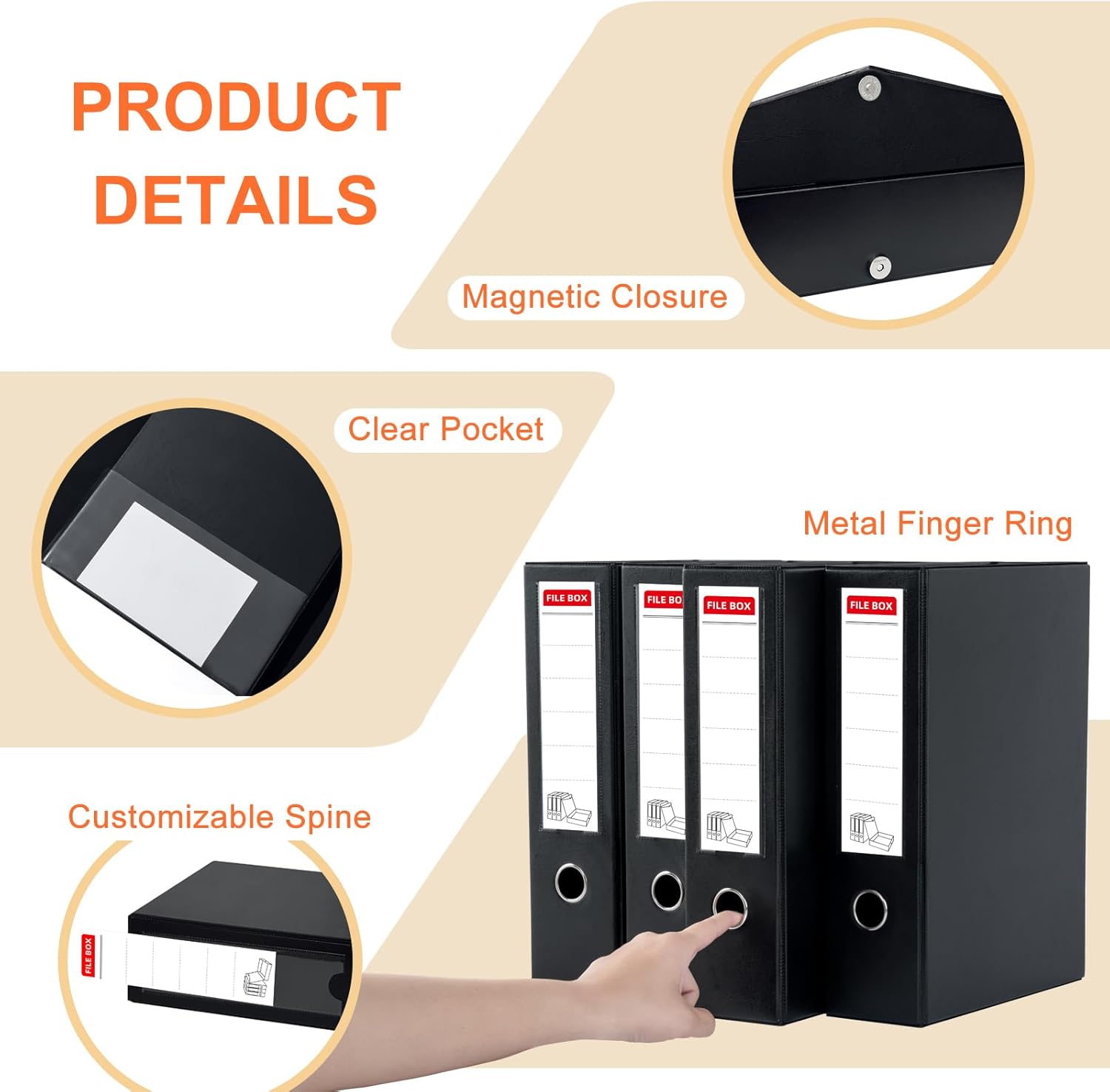 Storage File Boxes 4 Pack, Foldable Archives Cases with Clip, 88mm Spine, File Boxes with Magnetic Closure, Plastic Document File Organizer Storage, Black 88mm-Black-4 Pack